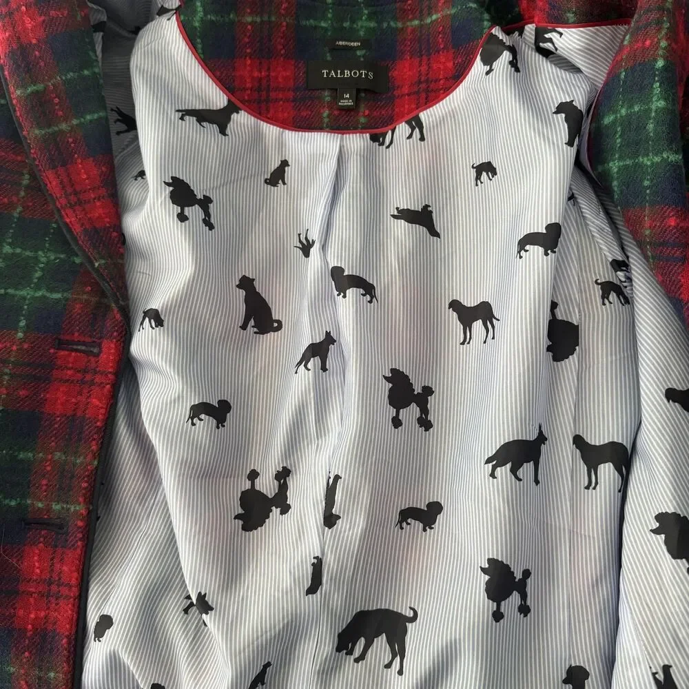 Talbots Blazer Womens 14 Red‎ Wool Plaid Aberdeen Dog Print Lined Holiday $169